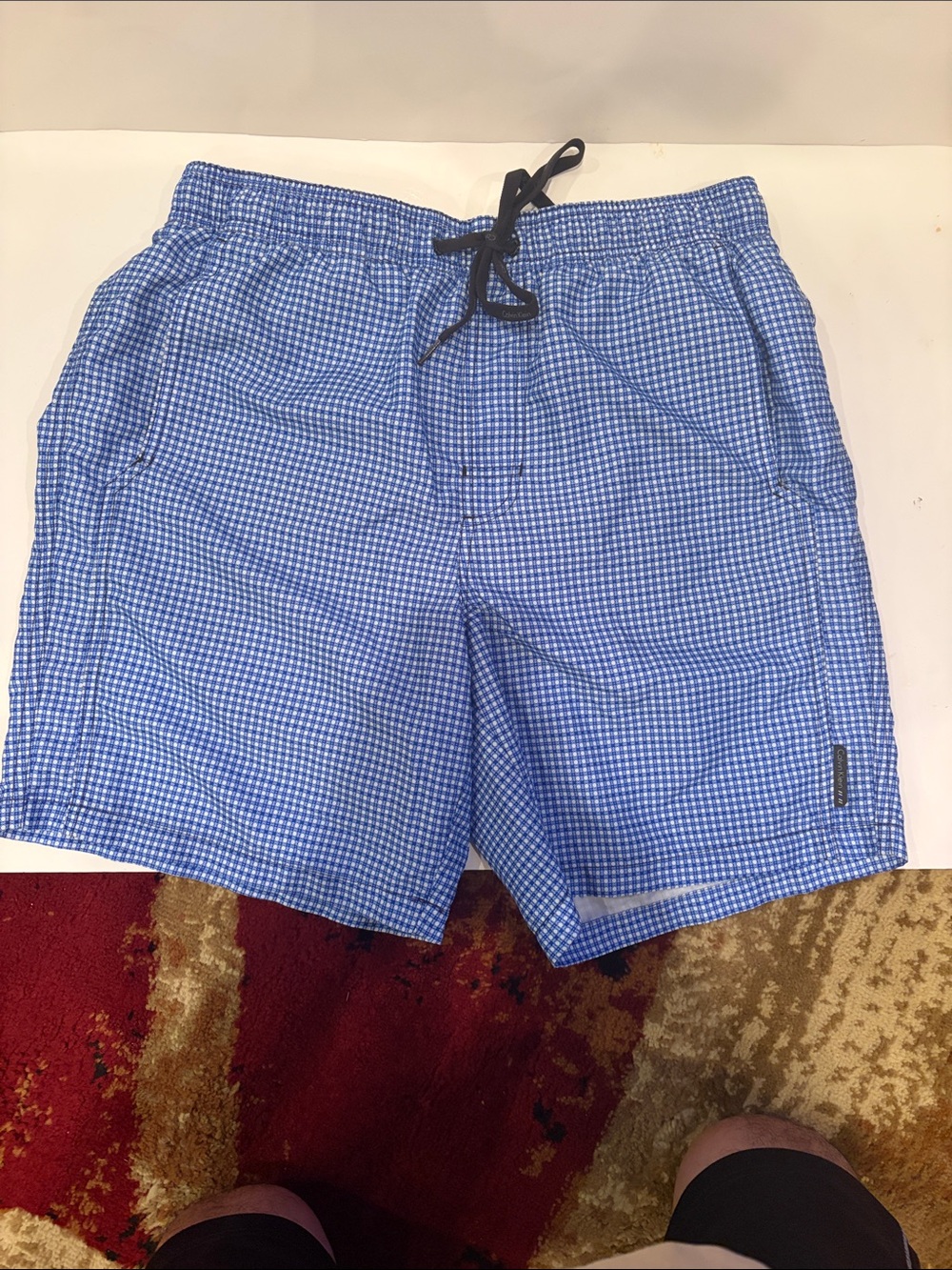 Calvin Klein Blue Gingham Swim Trunks with Drawstring